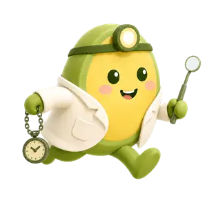 Avocado dentist character holding a watch and dental mirror